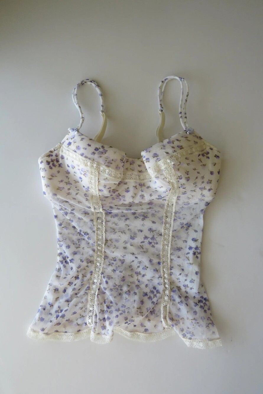 Vintage Italian Blue Ivory Ditsy Floral Bustier Cami Top, Lace Mesh Corset, 2000